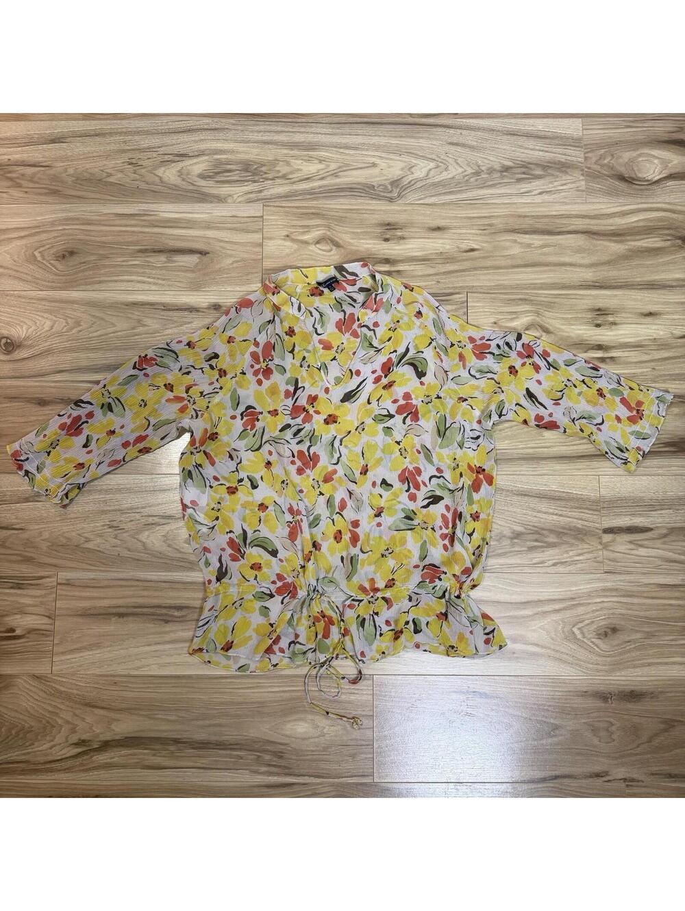 AK Anne Klein 100% Silk Floral Crinkle Blouse Drawstring Hem Size XL